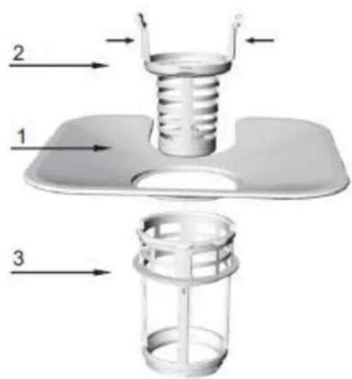 Technical diagram of a mechanical component with labeled parts 1, 2, and 3 showing internal structure and flow direction.