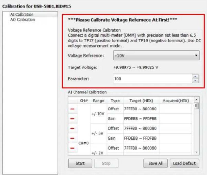 Calibration for USB-5801,BID#15 AI Calibration AO Calibration ***Please Calibrate Voltage Reference At First!*** Voltage Reference Calibration Connect a digital multi-meter (DMM) with precision not less than 6.5 digits to TP17 (positive terminal) and TP19 (negative terminal). Use DC voltage measurement mode. Voltage Reference: +10V Target Voltage: +9.98975 ~ +9.99025 V Parameter: 100 AI Channel Calibration CH# Range Type Target (HEX) Acquired(HEX) - +/-10V Offset 7FFF80 ~ 800080 - Gain FFDEBB ~ FFDFBB - +/- 5V Offset 7FFF80 ~ 800080 - Gain FFDEBB ~ FFDFBB - +/- 2V Offset 7FFF80 ~ 800080 Start Stop Save All Load Default