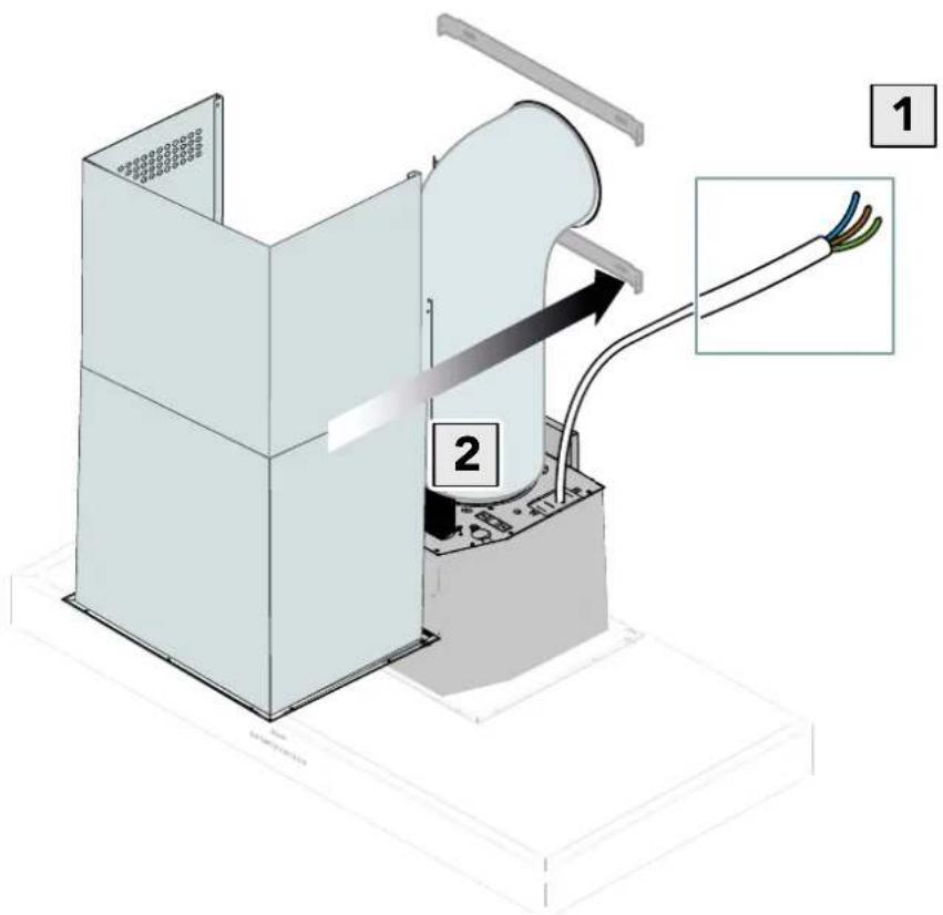 Technical diagram of a device with labeled components and wiring, showing internal structure and cable connection.