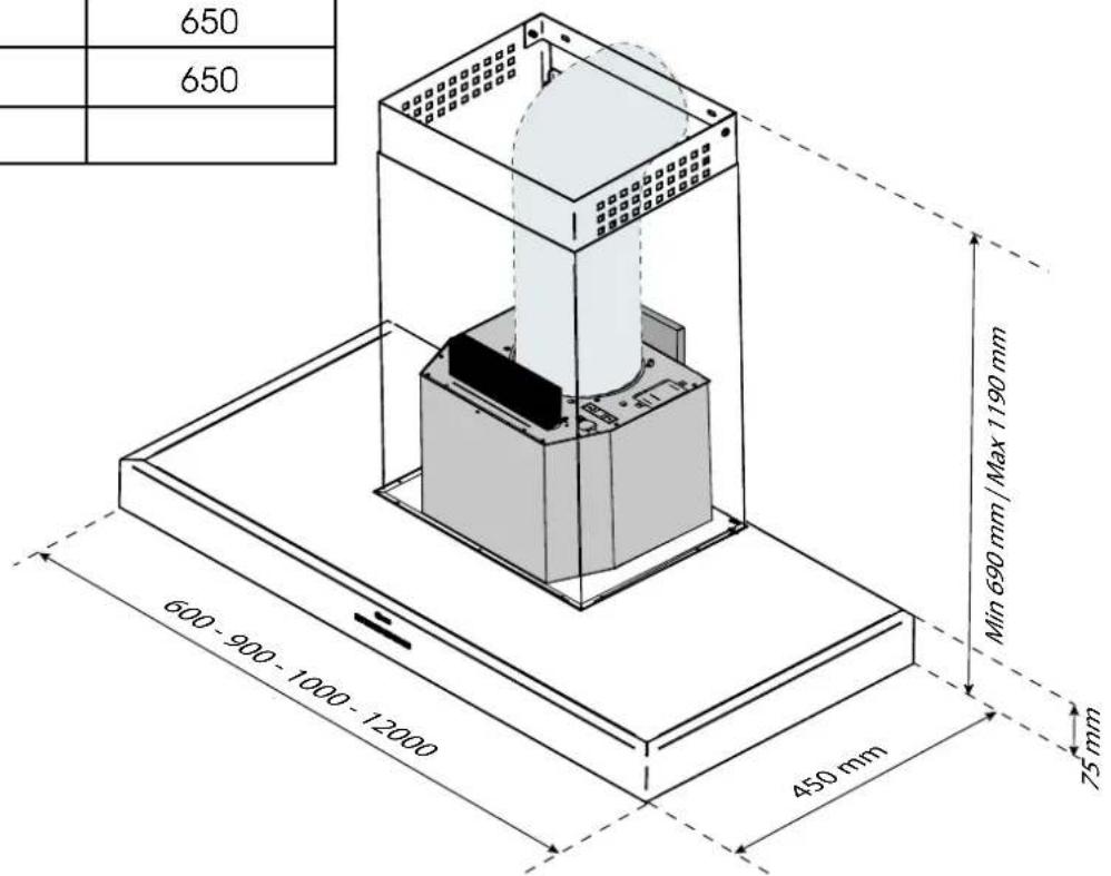650 650 600 - 900 - 1000 - 12000 450 mm Min 690 mm / Max 1190 mm 75 mm