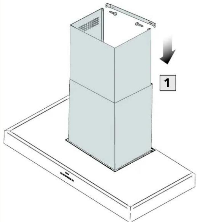 Technical diagram showing a 3D cabinet with labeled components and a directional arrow indicating movement or assembly.