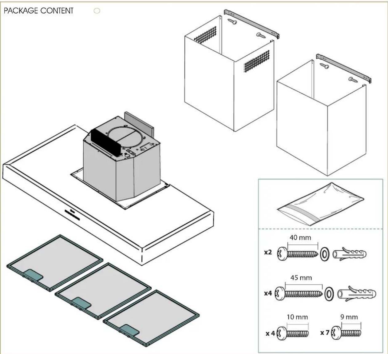 PACKAGE CONTENT x2 40 mm x4 45 mm 10 mm 9 mm x 4 x 7