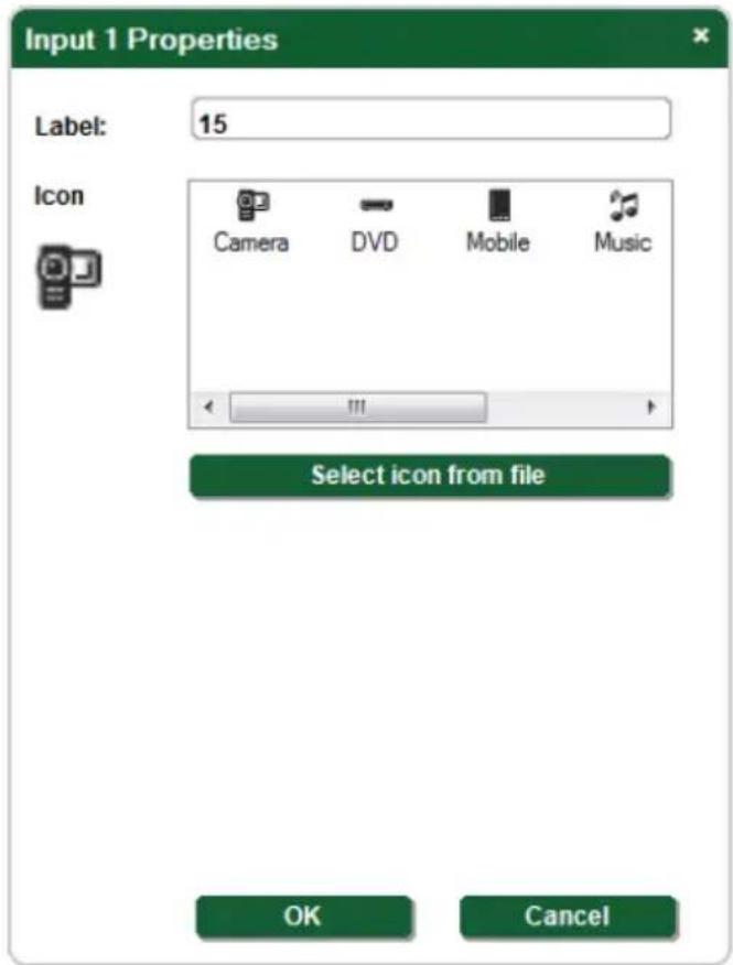 Input 1 Properties Label: 15 Icon Camera DVD Mobile Music Select icon from file OK Cancel