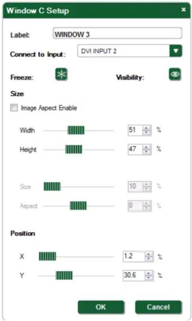 Window C Setup Label: WINDOW 3 Connect to Input: DVI INPUT 2 Freeze: Visibility: Size Image Aspect Enable Width 51 % Height 47 % Size 10 % Aspect 0 % Position X 1.2 % Y 30.6 % OK Cancel