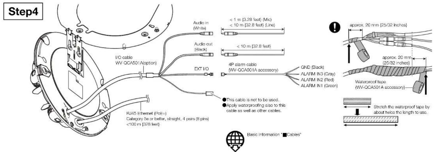 Step4 Audio in (White) < 1 m {3.28 feet} (Mic) < 10 m {32.8 feet} (Line) Audio out (Black) < 10 m {32.8 feet} EXT I/O 4P alarm cable (WV-QCA501A accessory) GND (Black) ALARM IN3 (Gray) ALARM IN2 (Red) ALARM IN1 (Green) This cable is not to be used. Apply waterproofing also to this cable as well as other cables. RJ45 Ethernet (PoE1) Category Se or better, straight, 4 pairs (8 pins) <100 m {328 feet} Basic Information "Cables" approx. 20 mm {25/32 inches} approx. 20 mm {25/32 inches} Waterproof tape (WV-QCA501A accessory) Stretch the waterproof tape by about twice the length to use.