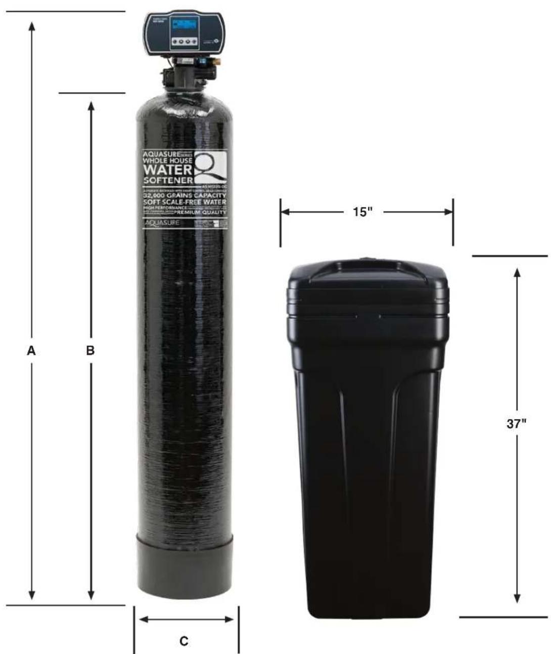 AQUASURE® WHOLE HOUSE WATER SOFTENER 32,000 GRAINS CAPACITY SOFT SCALE-FREE WATER HIGH PERFORMANCE PREMIUM QUALITY AQUASURE® 15" 37"