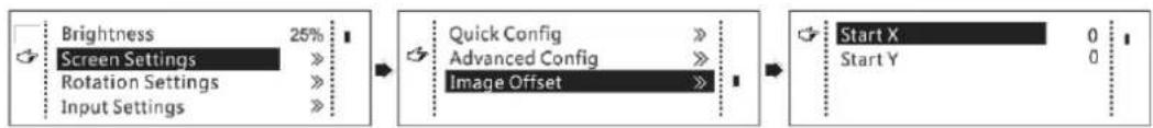 Brightness 25% Screen Settings Rotation Settings Input Settings Quick Config Advanced Config Image Offset Start X 0 Start Y 0