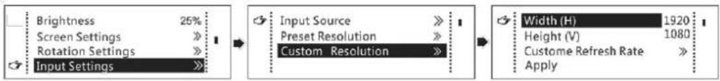 Brightness 25% Screen Settings Rotation Settings Input Settings Input Source Preset Resolution Custom Resolution Width (H) 1920 Height (V) 1080 Custome Refresh Rate Apply