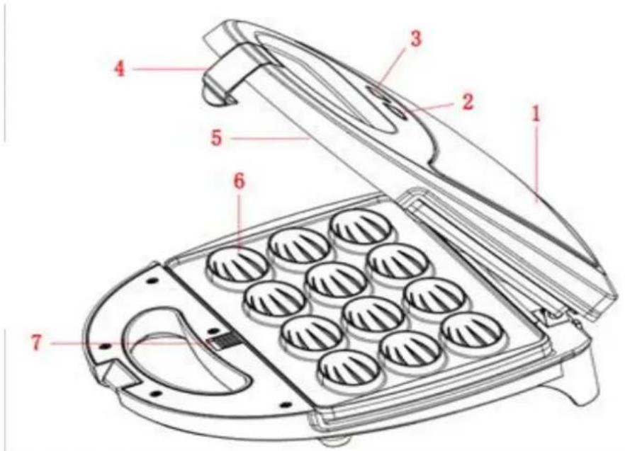 Labeled diagram of a toaster oven with numbered parts for identification