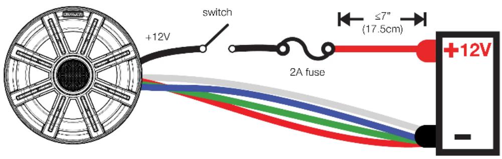 +12V switch ≤7" (17.5cm) 2A fuse +12V