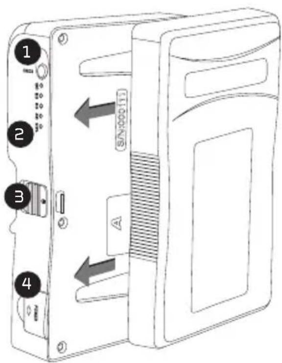 Diagram of a computer case with labeled ports and directional arrows indicating movement or assembly.