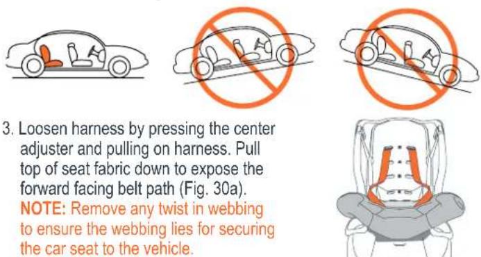 3. Loosen harness by pressing the center adjuster and pulling on harness. Pull top of seat fabric down to expose the forward facing belt path (Fig. 30a). NOTE: Remove any twist in webbing to ensure the webbing lies for securing the car seat to the vehicle.