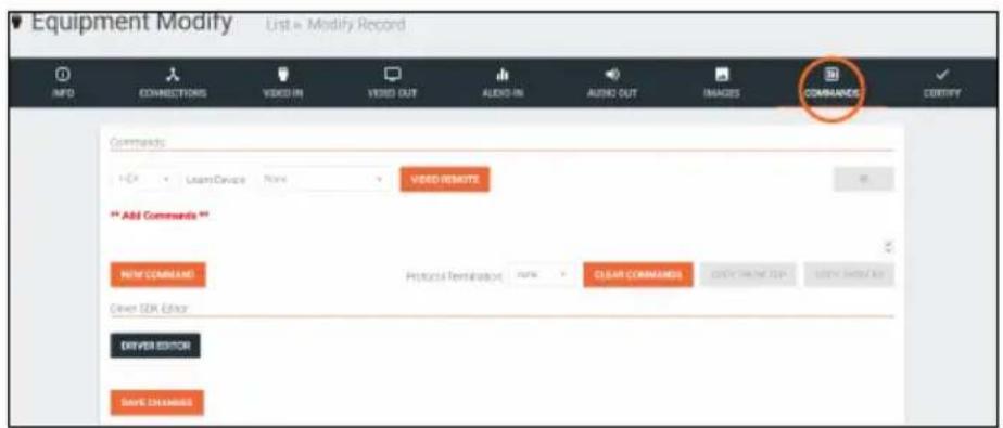 Equipment Modify List ▲ Modify Record INFO CONNECTIONS VIDEO IN VIDEO OUT AUDIO IN AUDIO OUT IMAGES COMMANDS CERTIFY Commands HCP UserDevice None VIDEO REMATE ** Add Commands ** NEW COMMANDS Protocol Remutation: ITEM1 CLEAR COMMANDS BUY HOME TOP USE CNTN Auto Clear SDK Editor DRIVER EDITOR BARC EXCELGENE