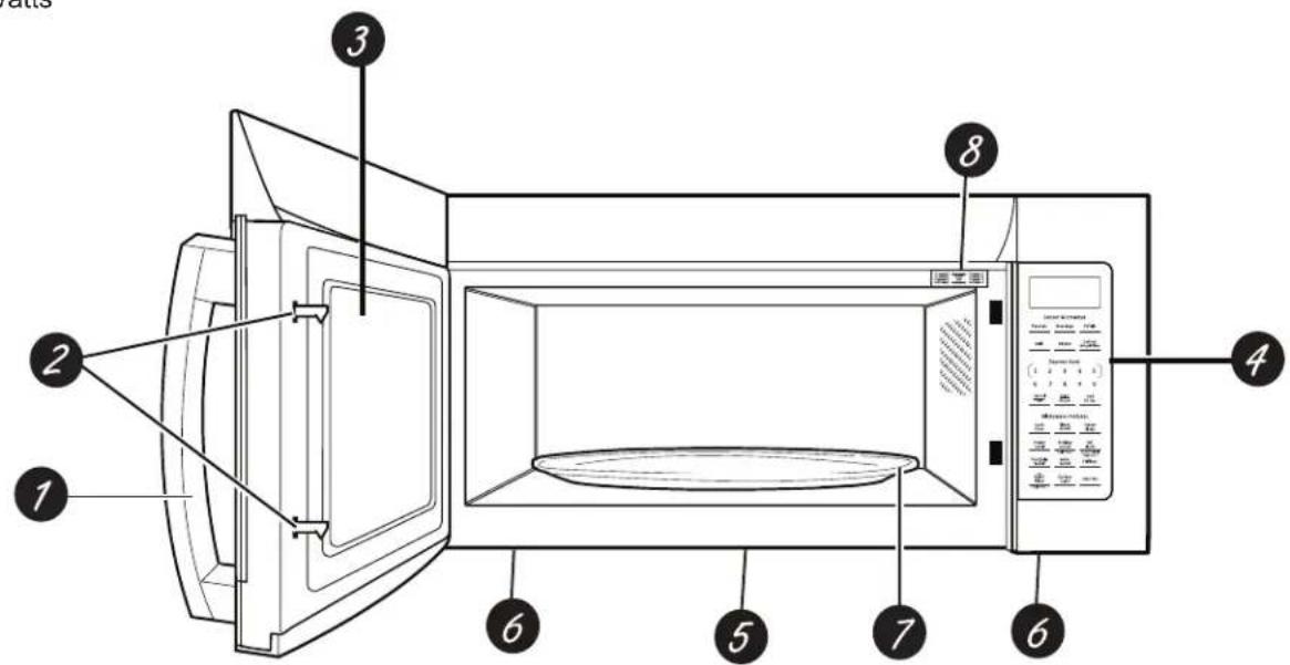 Diagram of a microwave oven with numbered parts for identification and assembly reference.