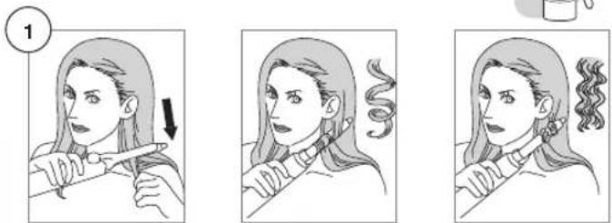 Illustration showing three sequential steps of hair styling: cutting, applying hair to a pencil, and adjusting the hair.
