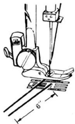 Technical diagram of a sewing machine with labeled parts and measurement annotations