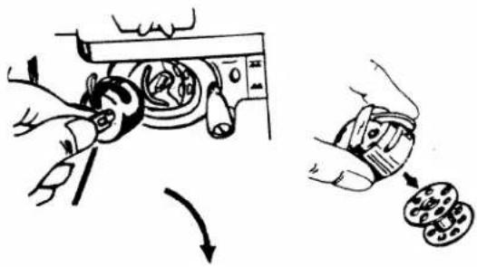 Diagram illustrating a mechanical assembly process with labeled parts and directional arrow indicating rotation or adjustment.