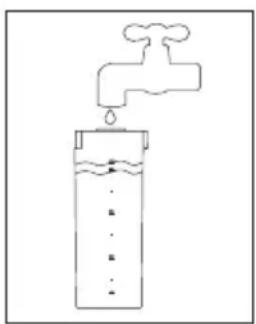 Diagram showing a water tap with liquid and bubbles, illustrating a simple water displacement or filtration process.