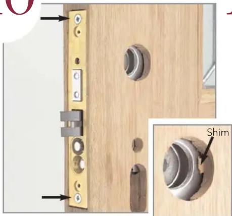 Close-up of a wooden door with multiple circular components and a highlighted 'Shim' detail (no text or symbols on the main subject)