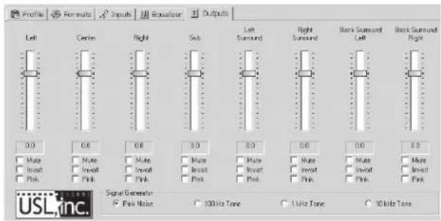 Profile Formats Inputs Equator Outputs Left Center Right Set Left Surround Right Surround Back Surround Left Back Surround Right 0.0 0.0 0.0 8.0 8.0 0.0 0.0 0.0 0.0 0.0 0.0 0.0 0.0 0.0 Signal Generator ● Peak Noise ○ 100 Hz Tone ○ 1kHz Tone ○ 10 kHz Tone USL,inc.