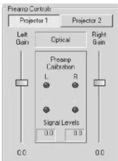 Preamp Controls Projector 1 Projector 2 Left Gain Optical Right Gain Preamp Calibration L R Signal Levels 0.0 0.0 0.0