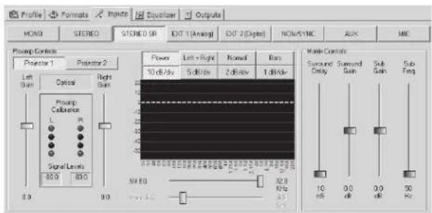 Profile Formats Inputs Equilizer Outputs MOND STEREO STEREO SR EXT 1 (Aange) EXT 2 (Digital) NOM/SYNC RUN MIC Power Controls Projector 1 Projector 2 Left Gain Optical Right Gain Projector Calcitonon L R Signal Levels 80.0 80.0 0.0 0.0 Power Left + Right Named Bars 10 dB/day 5 dB/day 2 dB/day 1 dB/day MND 32.0 MHz 40.0 10 dB 0.0 dB 3.0 dB 50 Hz