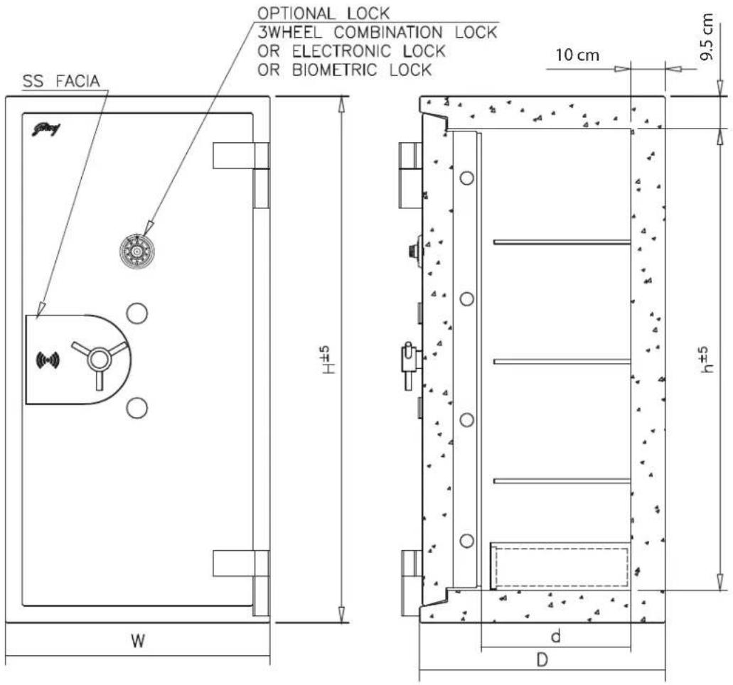 OPTIONAL LOCK 3WHEEL COMBINATION LOCK OR ELECTRONIC LOCK OR BIOMETRIC LOCK SS FACIA H±5 10 cm 9.5 cm W h±5 d D