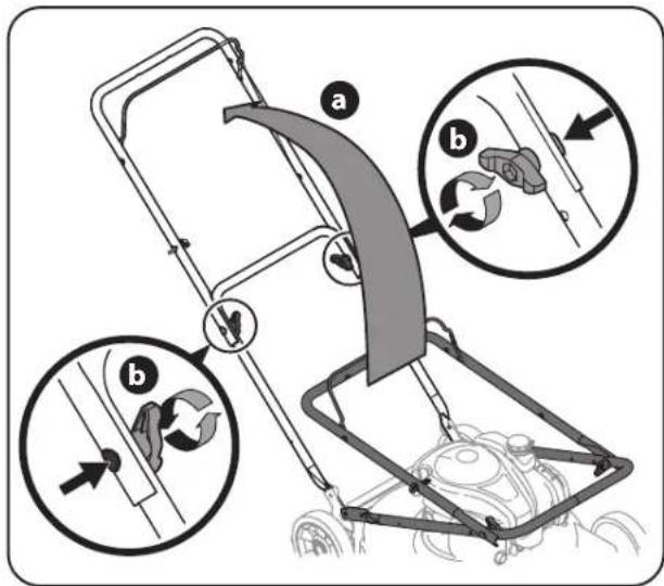Diagram illustrating a mechanical device with labeled parts (a, b) and directional arrows indicating motion or assembly.