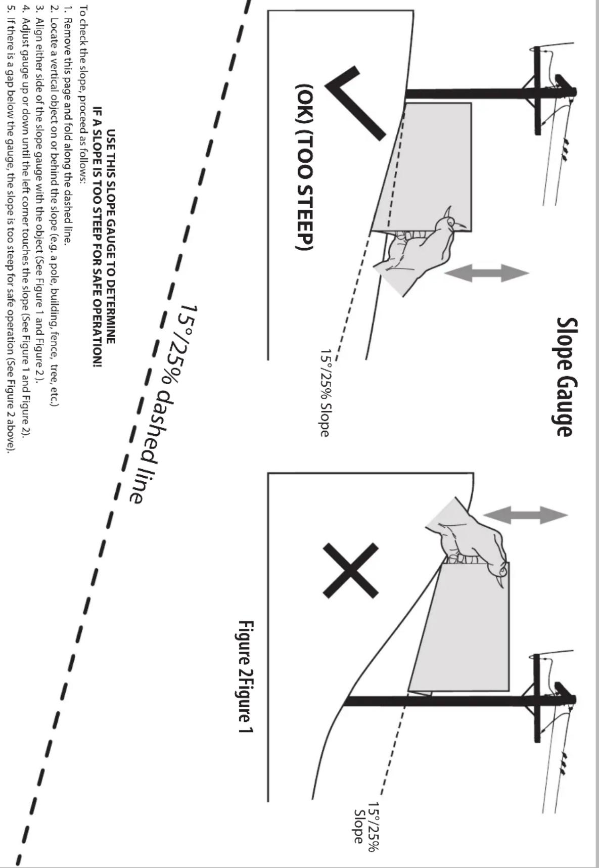 15°/25% dashed line Use THIS SLOPE GAUGE TO DETERMINE IF A SLOPE IS TOO STEER FOR SAFE OPERATION! To check the slope, proceed as follows: 4. Adjust gauge up or down until the left corner touches the slope (see Figure 1 and Figure 2). 3. Align either side of the slope gauge with the object (see Figure 1 and Figure 2). 2. Locate a vertical object on behind the slope (e.g. a pole, building, fence, tree, etc). 1. Remove this page and fold along the dashed line. 5. If there is a gap below the gauge, the slope is too steep for safe operation (see Figure 2 above). 15°/25% Slope Fingure 2Figure 1 (OK) (TOO STEER) Slope Gauge