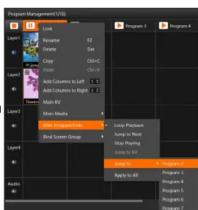 Program Management - V8 Lock Resume 12 Delete 24 Copy 36 Delete C Main EV Main Media Enter Emprant (E) Bind Screen Group Loop Playback Jump to Must Up Playing Jump to E: Change Loop To: Program 1 Apply to All Program 1 Program 2 Program 3 Program 4 Program 5