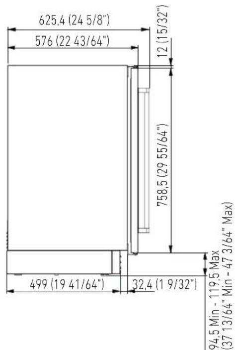 625,4 (24 5/8") 576 (22 43/64") 12 (15/32") 758,5 (29 55/64") 499 (19 41/64") 32,4 (1 9/32) Max (37 13/64" Min - 47 3/64" Max) 94,5 Min - 119,5
