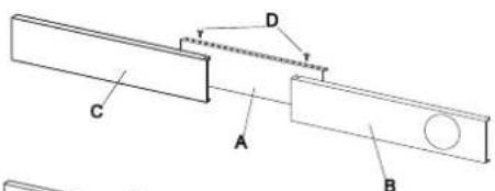 Technical diagram showing labeled components A, B, C, D with dimension lines and a circular feature on component B