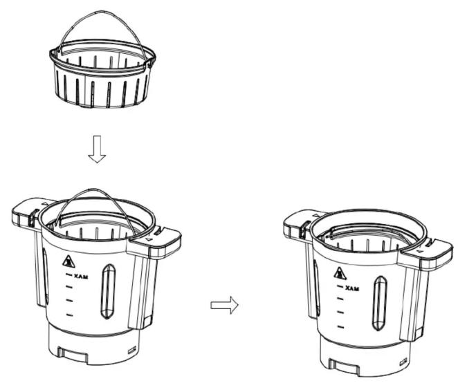Technical diagram showing the assembly of a portable buffer with XAM label and directional arrows indicating process flow.