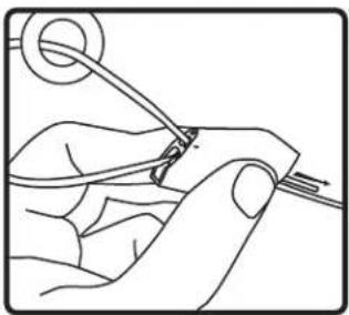 Line drawing of a hand holding a tool with a looped ring (no text or symbols)