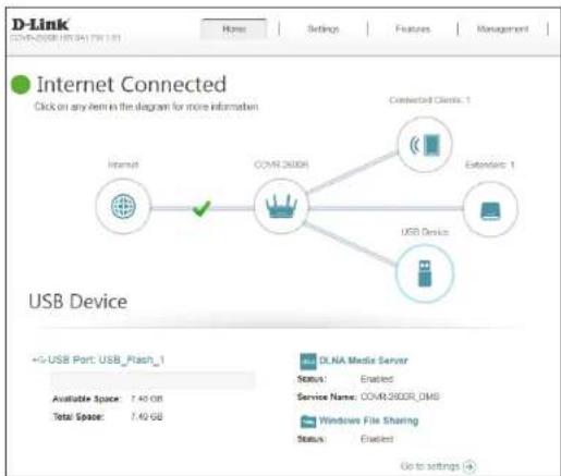 D-Link COMV-2008R, UBS 3417W1.01 Home Settings Features Management Internet Connected Click on any item in the diagram for more information. Internet COMV-2008R Connected Clients: 1 Estenders: 1 USB Device USB Device +5-USB Port: USB_Rash_1 Available Space: 7.40 GB Total Space: 7.40 GB DLNA Media Server Status: Enabled Service Name: COMV-2008R, UBS Windows File Sharing Status: Enabled Go to settings ④