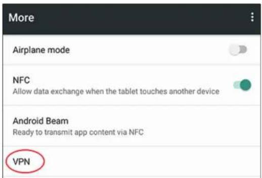 More Airplane mode NFC Allow data exchange when the tablet touches another device Android Beam Ready to transmit app content via NFC VPN