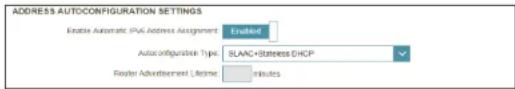 ADDRESS AUTOCONFIGURATION SETTINGS Enable Automatic PUE Address Assignment: Enabled Autoconfiguration Type: SLAC+Stateless DHCP Router Advertisement Lifetime: minutes
