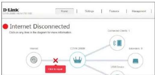D-Link COMX 2600N PRINT FILE 132 Internet Disconnected Click on any line in the diagram for more information. Internet COMX 2600N Connected Clients: 1 Extenders: 9 USB Device