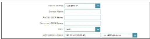 Address Mode: Dynamic IP Service Name: Primary DNS Server: Secondary DNS Server: MTU: Auto MAC Address Clone: 50.00-43.20-60-45 => MAC Address