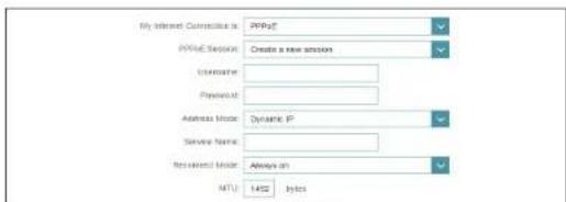 My interest Connection is: PPPpE PPPoE Session: Creates a new session Username: Password: Address Mode: Dynamic IP Server Name: Recommended Mode: Always on MTU: 142 Bytes