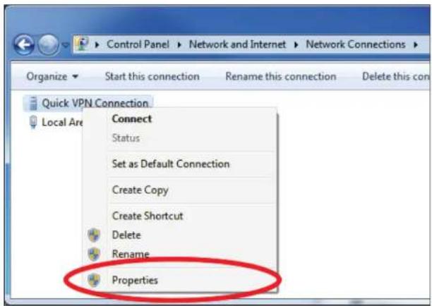 Control Panel > Network and Internet > Network Connections Organize Start this connection Rename this connection Delete this con Quick VPN Connection Local Are Connect Status Set as Default Connection Create Copy Create Shortcut Delete Rename Properties
