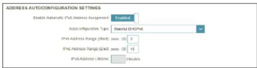 ADDRESS AUTOCONFIGURATION SETTINGS Enable Automatic IPv Address Assignment Enabled AutoX Configuration Type: Static/CHCPG IPv4 Address Range (Shift): xxx: 00 IPv6 Address Range (End): xxx: 00 IPv6 Address Lifetime: minutes