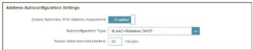 Address Autoconfiguration Settings Enable Automatic IPv Address Assignee: Enabled Autoconfiguration Type: SLAC=Stainless DHCP Router Advertisement Lifetime: 30 minutes