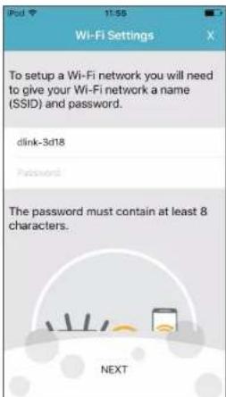 To setup a Wi-Fi network you will need to give your Wi-Fi network a name (SSID) and password. dlink-3d18 Password The password must contain at least 8 characters.
