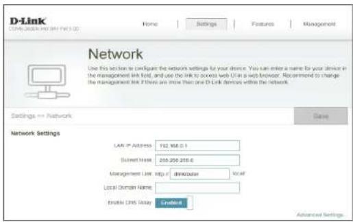 D-Link CAN LINK WITH NET 130 Home Settings Features Management Network Use this section to configure the network settings for your device. You can enter a name for your device in the management link list, and use the link to access with URL in a web browser. Recommend to change the management link if there are more than one D Link devices within the network. Settings → Network Save Network Settings LAN IP Address: 192.768.0.1 Subnet mask: 258.250.255.0 Management Link: http://dmbcpase Local Domain Name: Enable Link Assay Created Advanced Settings