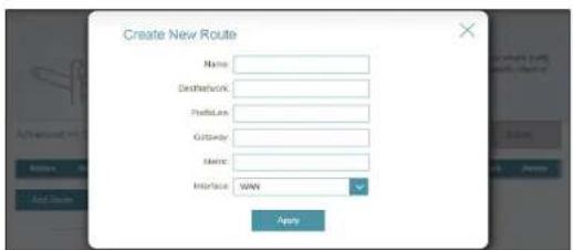 Create New Route Name: Dishnetwork: Pebbleek: Gateway: Maine: Interface: WAN Apply