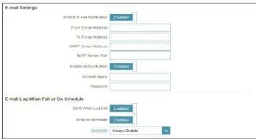 E-mail Settings Enable Email Notification From E-mail Address To E-mail Address SMTP Server Address Send FP Server Full Enable Authentication Account Name Password E-mail Log When Full or On Schedule Send Where Log Full Send on Schedule Schedule Always Enable For