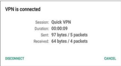 VPN is connected Session: Quick VPN Duration: 00:00:09 Sent: 97 bytes / 5 packets Received: 64 bytes / 4 packets DISCONNECT CANCEL