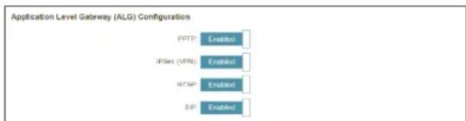 Application Level Gateway (ALG) Configuration PFTP Enabled IPServer (VPN) Enabled RTSP Enabled SIP Enabled
