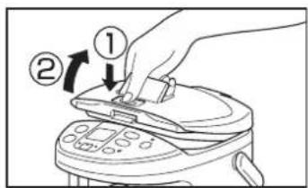 Diagram showing a hand pressing down on a device with numbered callouts indicating step 1 and step 2.